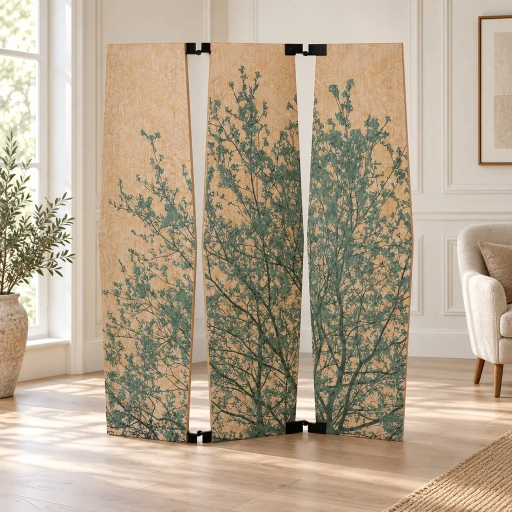 Oak and Green Tree Silhouette Folding Screen in natural oak — front view