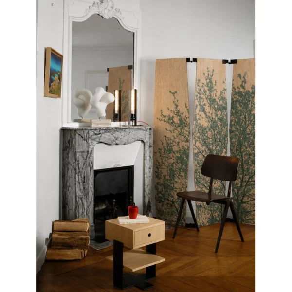 Oak and Green Tree Silhouette Folding Screen in natural oak — in a room setting