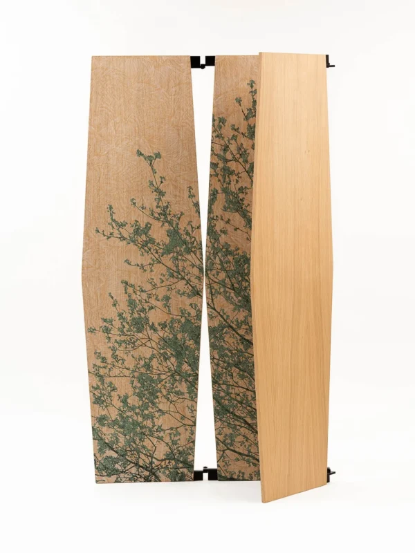 Oak and Green Tree Silhouette Folding Screen in natural oak — in a room setting