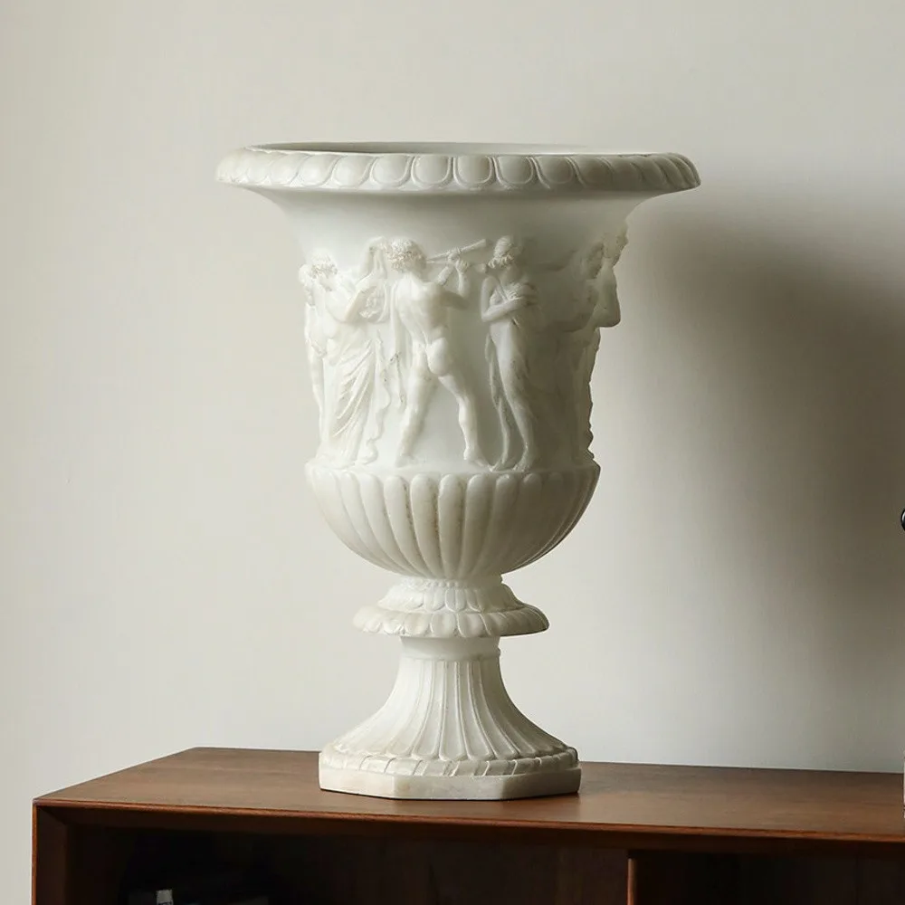 Roman Relief Urn Floor Vase in Antique White — front view
