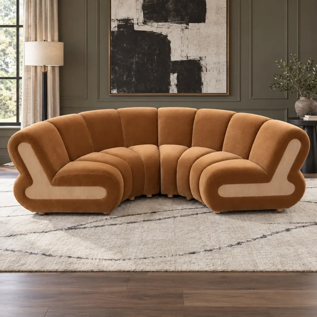 French Curved Channel Sofa in Caramel Cut Velvet — front view