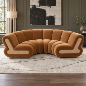 French Curved Channel Sofa in Caramel Cut Velvet — front view