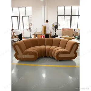 French Curved Channel Sofa in Caramel Cut Velvet — in a room setting