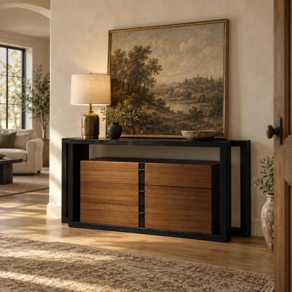 French Quiet Luxury Entry Cabinet in Charred Wood and Walnut — in a room setting