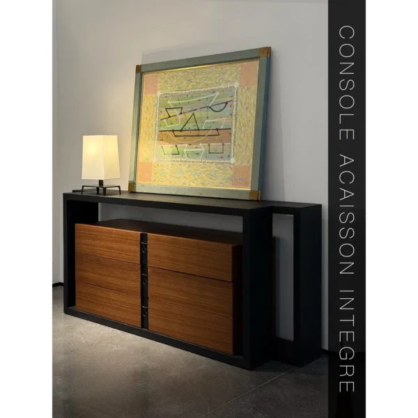 French Quiet Luxury Entry Cabinet in Charred Wood and Walnut — in a room setting