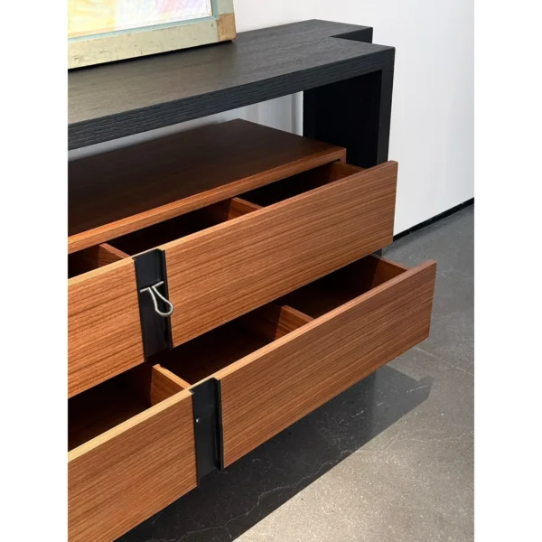 French Quiet Luxury Entry Cabinet in Charred Wood and Walnut — in a room setting