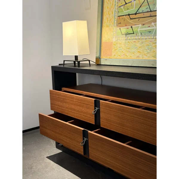 French Quiet Luxury Entry Cabinet in Charred Wood and Walnut — in a room setting
