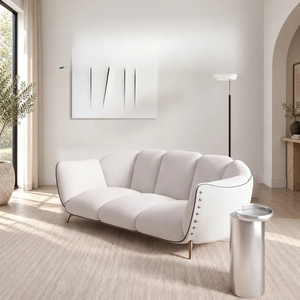 French Riveted Fabric Sofa in performance fabric — front view