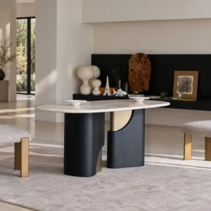 French Travertine Dining Table on Black Oak Column-Base Legs in oatmeal — front view