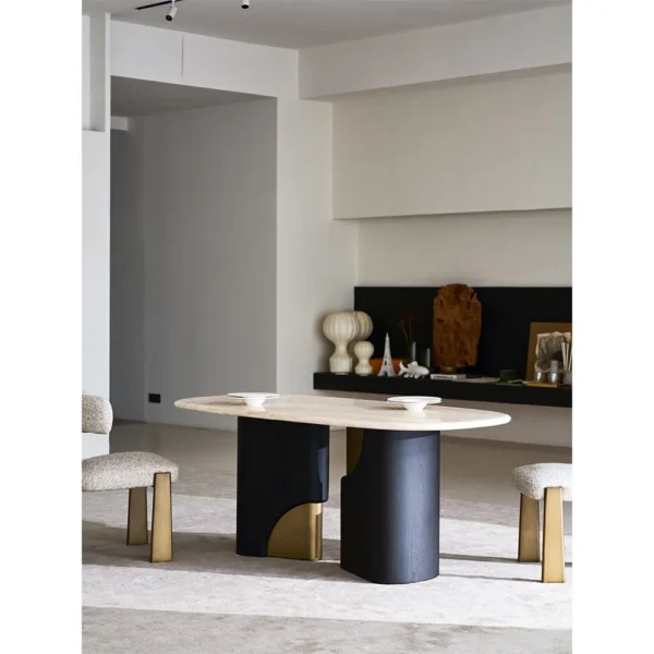 French Travertine Dining Table on Black Oak Column-Base Legs in oatmeal — in a room setting