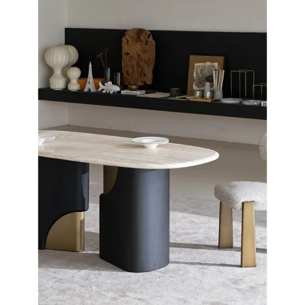 French Travertine Dining Table on Black Oak Column-Base Legs in oatmeal — in a room setting