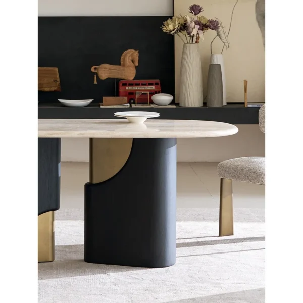French Travertine Dining Table on Black Oak Column-Base Legs in oatmeal — in a room setting