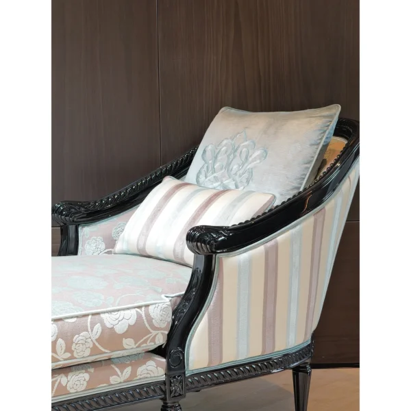 French Vintage Chaise Lounge in rose stone — in a room setting