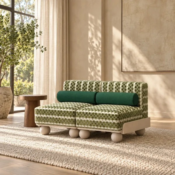 Fresh Green Jacquard Loveseat on Solid Wood Ball Feet in olive — in a room setting