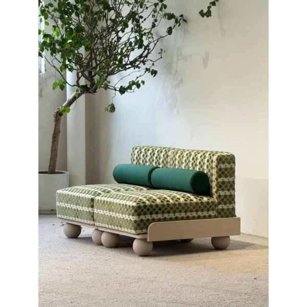 Fresh Green Jacquard Loveseat on Solid Wood Ball Feet in olive — in a room setting