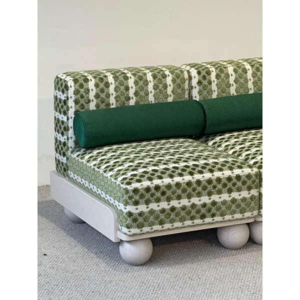 Fresh Green Jacquard Loveseat on Solid Wood Ball Feet in olive — in a room setting