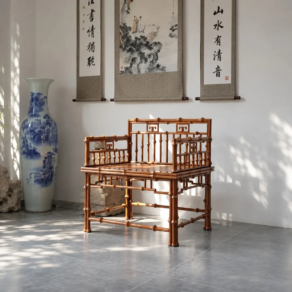 Fretwork Low-Back Bamboo Armchair in clay — front view