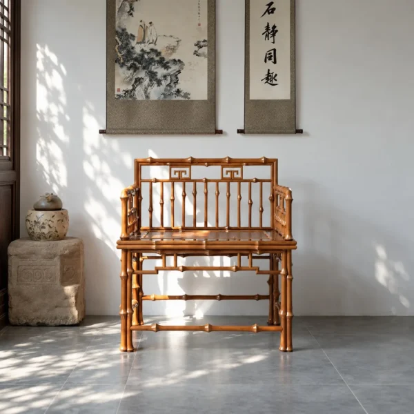 Fretwork Low-Back Bamboo Armchair in clay — in a room setting