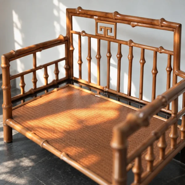 Fretwork Low-Back Bamboo Armchair in clay — in a room setting