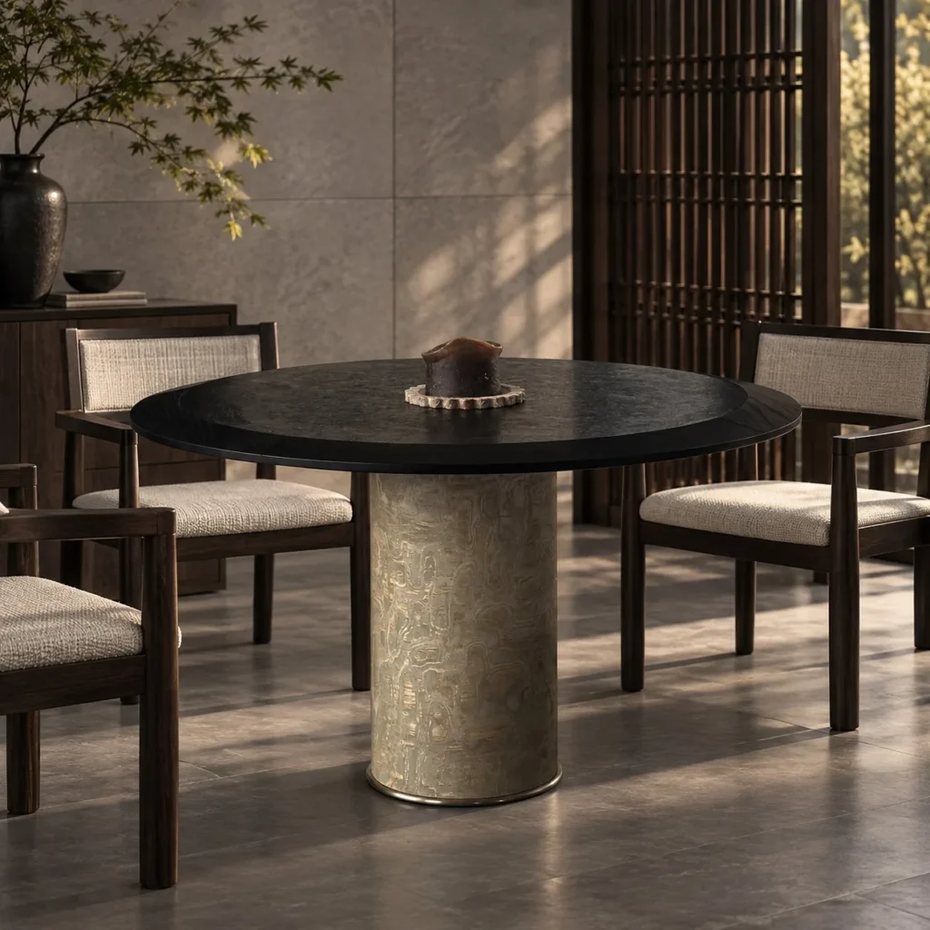 Full Moon Black Marble Round Dining Table in black — front view