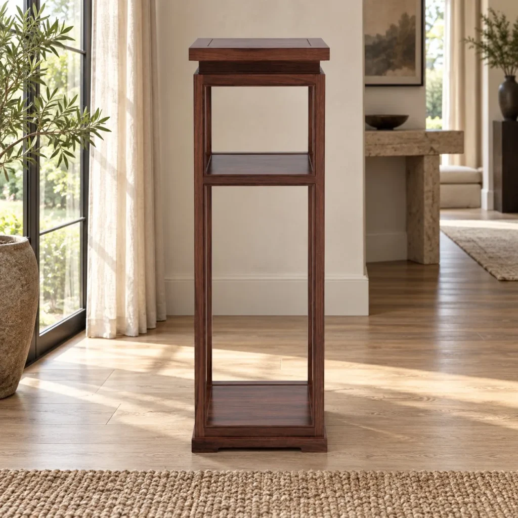 Walnut Two-Tier Plant Stand Pedestal in walnut — front view
