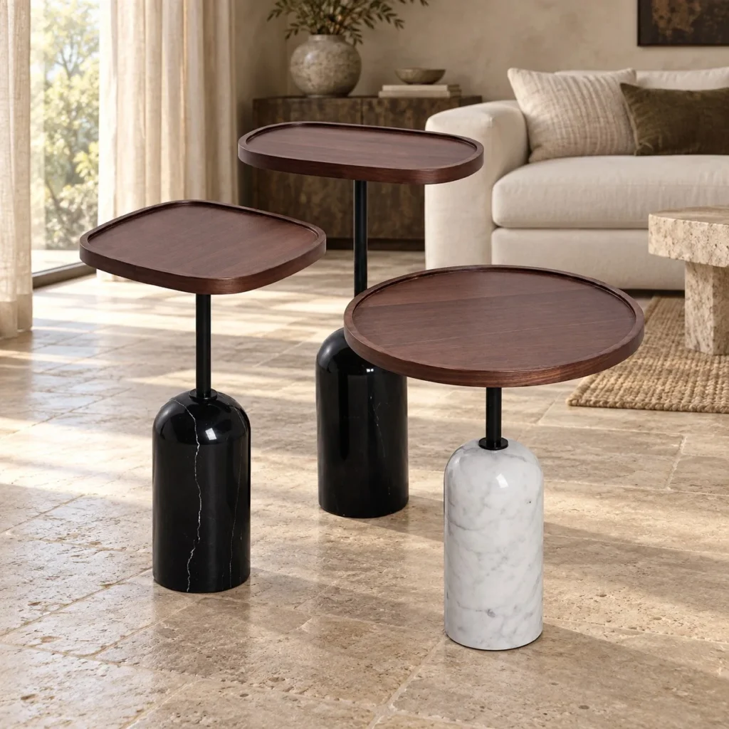 Walnut Veneer Tray Side Tables on Marble Bases, Set of Three in walnut — front view