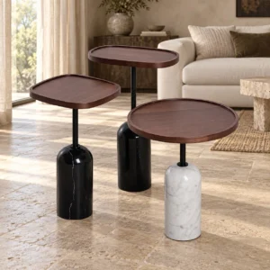 Walnut Veneer Tray Side Tables on Marble Bases, Set of Three in walnut — front view