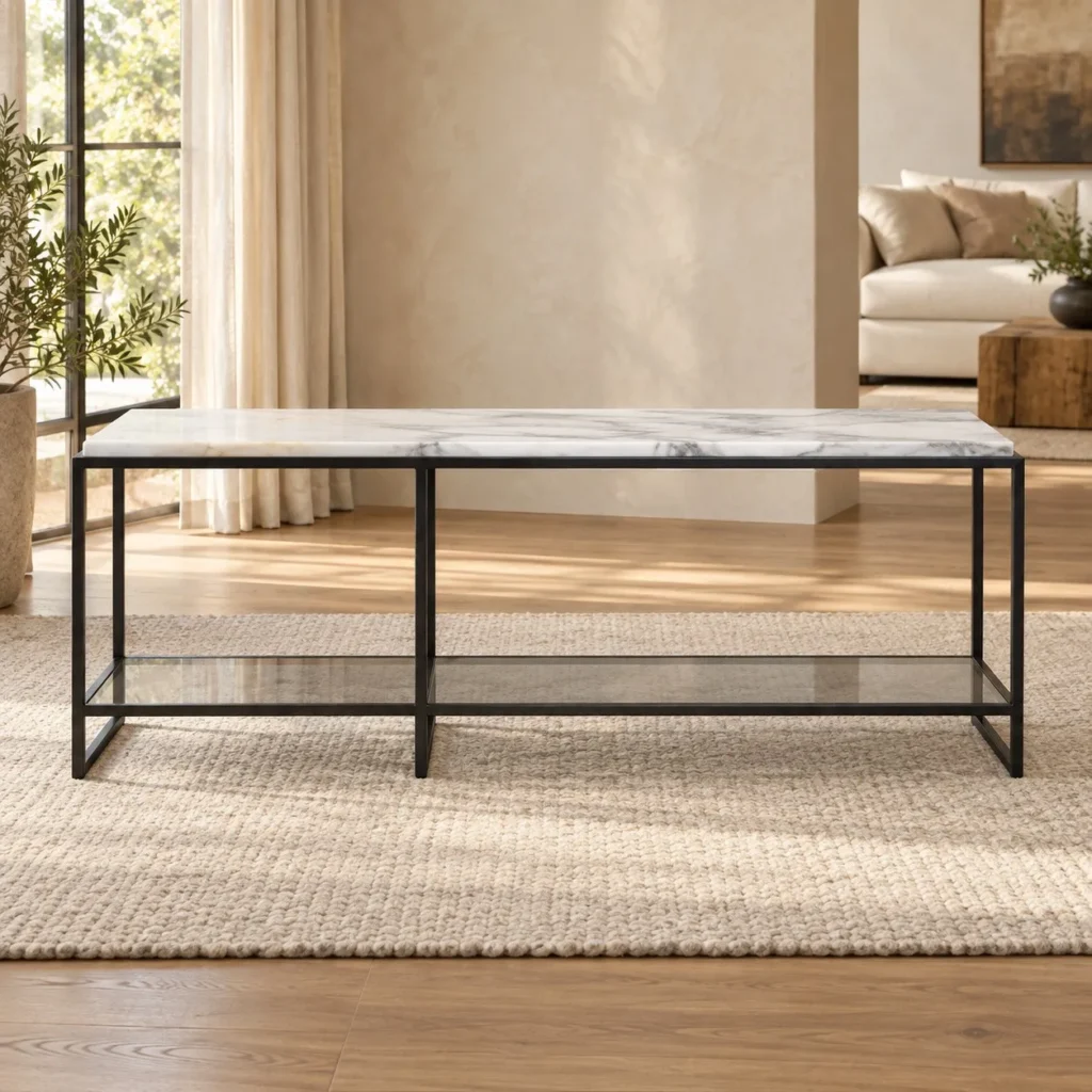 Narrow White Marble and Glass Coffee Table in ivory — front view