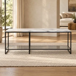 Narrow White Marble and Glass Coffee Table in ivory — front view