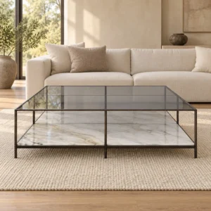 Square Glass Coffee Table with White Marble Shelf, 120 cm in ivory — front view