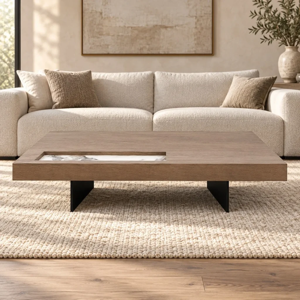 Pale Oak Veneer Plinth Coffee Table with Stone Inset, 120 cm in natural oak — front view