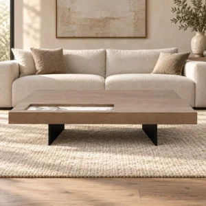 Pale Oak Veneer Plinth Coffee Table with Stone Inset, 120 cm in natural oak — front view