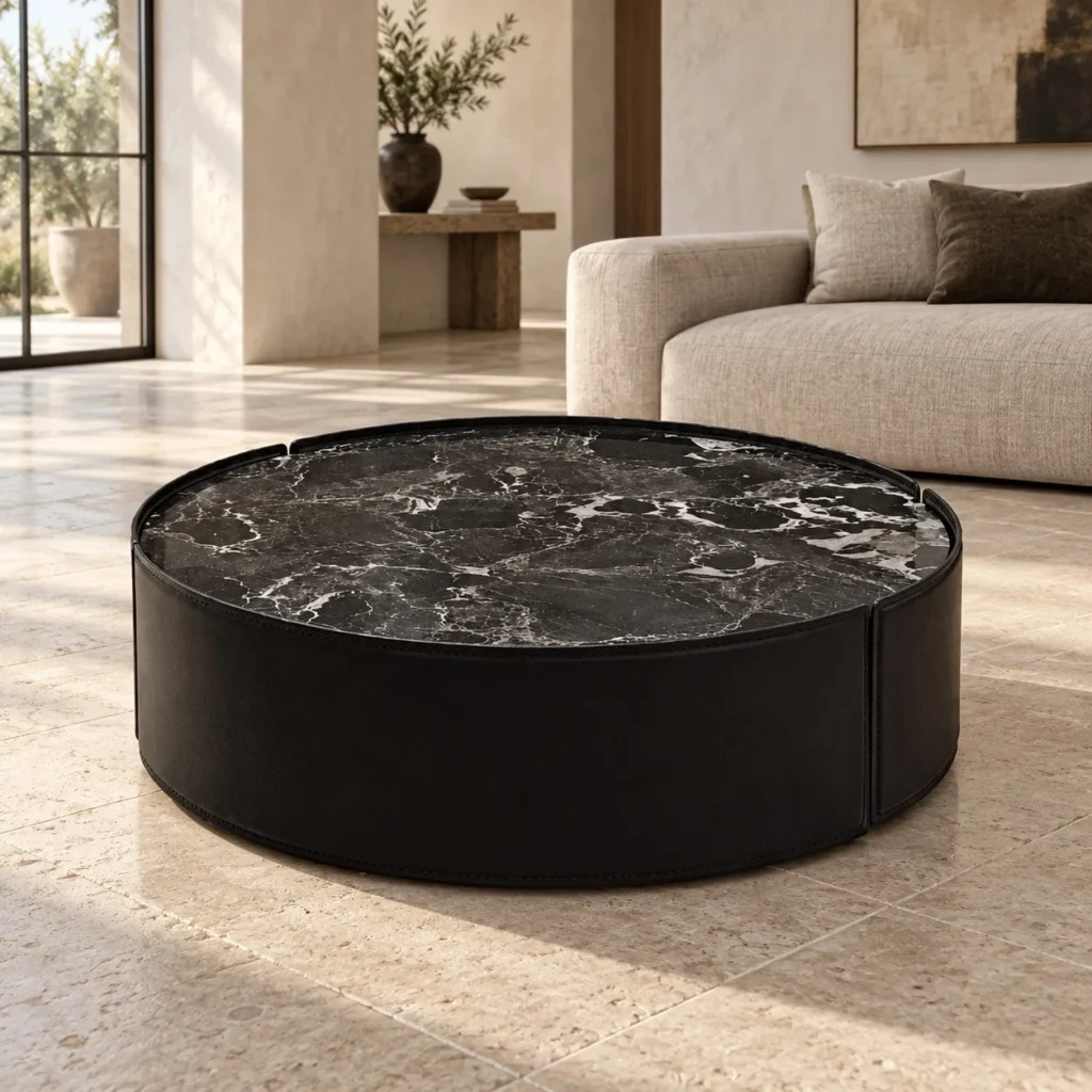 Black Marble Top Leather Drum Coffee Table, 90 or 110 cm in black — front view