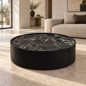 Black Marble Top Leather Drum Coffee Table, 90 or 110 cm in black — front view