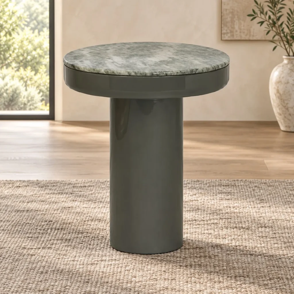 Green Marble Top Side Table on Grey Lacquered Column, 50 cm in olive — front view