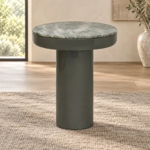 Green Marble Top Side Table on Grey Lacquered Column, 50 cm in olive — front view