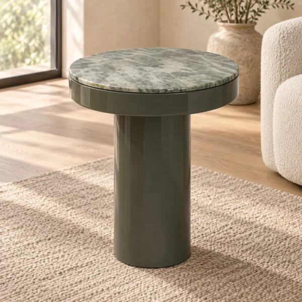 Green Marble Top Side Table on Grey Lacquered Column, 50 cm in olive — in a room setting