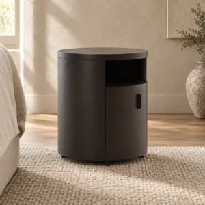 Round Dark Veneer Nightstand with Door and Open Niche in clay — front view