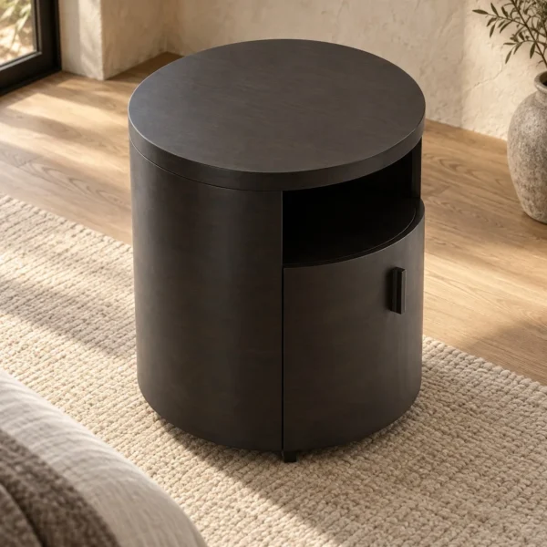 Round Dark Veneer Nightstand with Door and Open Niche in clay — in a room setting