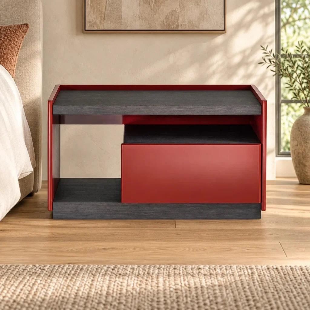 Red and Charcoal Open-Frame Nightstand in red — front view