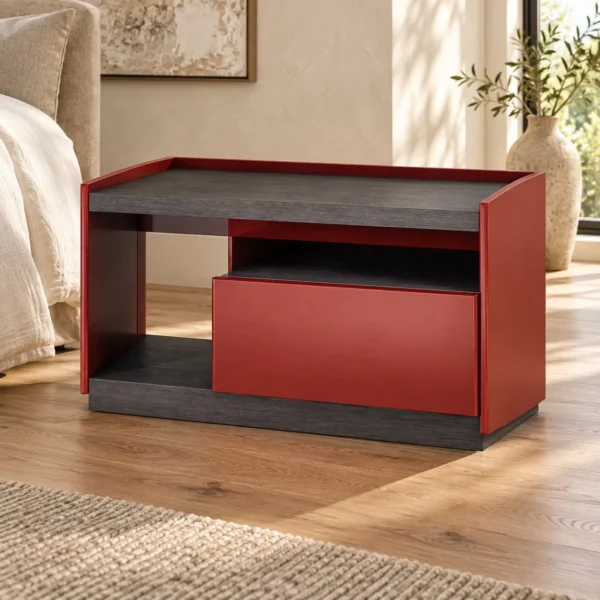 Red and Charcoal Open-Frame Nightstand in red — in a room setting