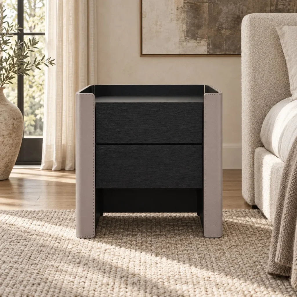Black Veneer Nightstand with Saddle Leather Wrap in black — front view