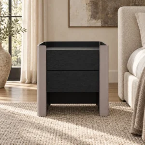 Black Veneer Nightstand with Saddle Leather Wrap in black — front view