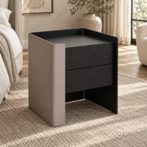 Black Veneer Nightstand with Saddle Leather Wrap in black — in a room setting