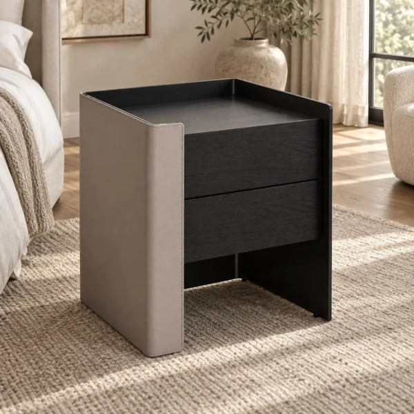 Black Veneer Nightstand with Saddle Leather Wrap in black — in a room setting