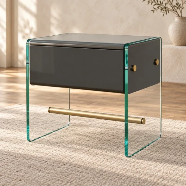 Glass-Sided Nightstand with Charcoal Drawer and Brass Rail in black — in a room setting