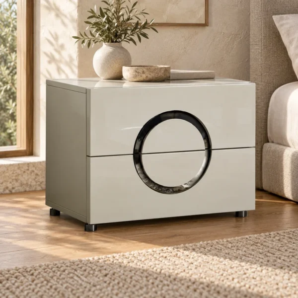 Grey Gloss Nightstand with Ring Pull in slate — in a room setting