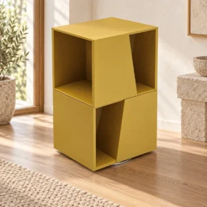 Mustard Stacked-Cube Open Nightstand in mustard — in a room setting