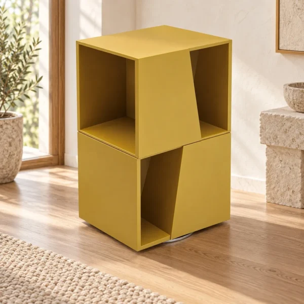 Mustard Stacked-Cube Open Nightstand in mustard — in a room setting