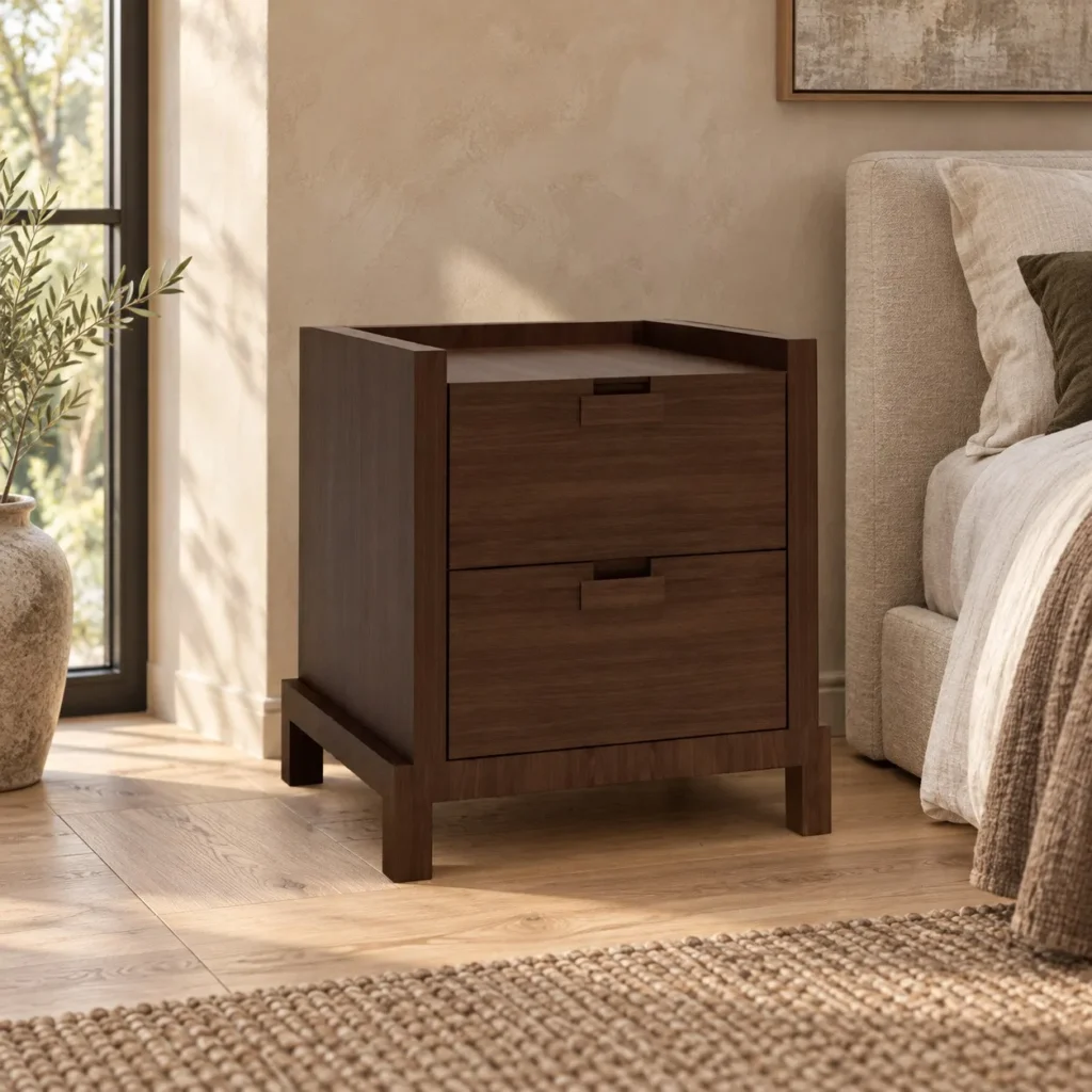 Walnut Veneer Two-Drawer Nightstand with Recessed Pulls in walnut — front view
